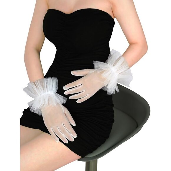 Women's White Short Fabrics Ruffle Tulle Mesh Sheer Gloves Wedding Party Prom - Picture 7 of 7